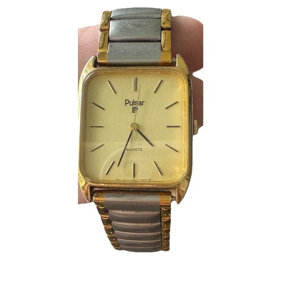 Vintage Pulsar Gold Tone Rectangular Watch Quartz NEW BATTERY Two Tone Bracelet main image 4